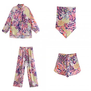 Women Chic Pink Floral Sets Za 2021 Vintage Stain Oversized Long Shirts and High Waist Elastic Wide Leg Shorts Boho Women Suits